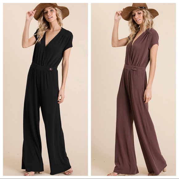 ShopEvelynne Pants - Black solid knit wide leg jumpsuit